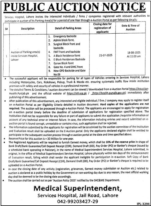 Services Hospital Lahore Tender Notice